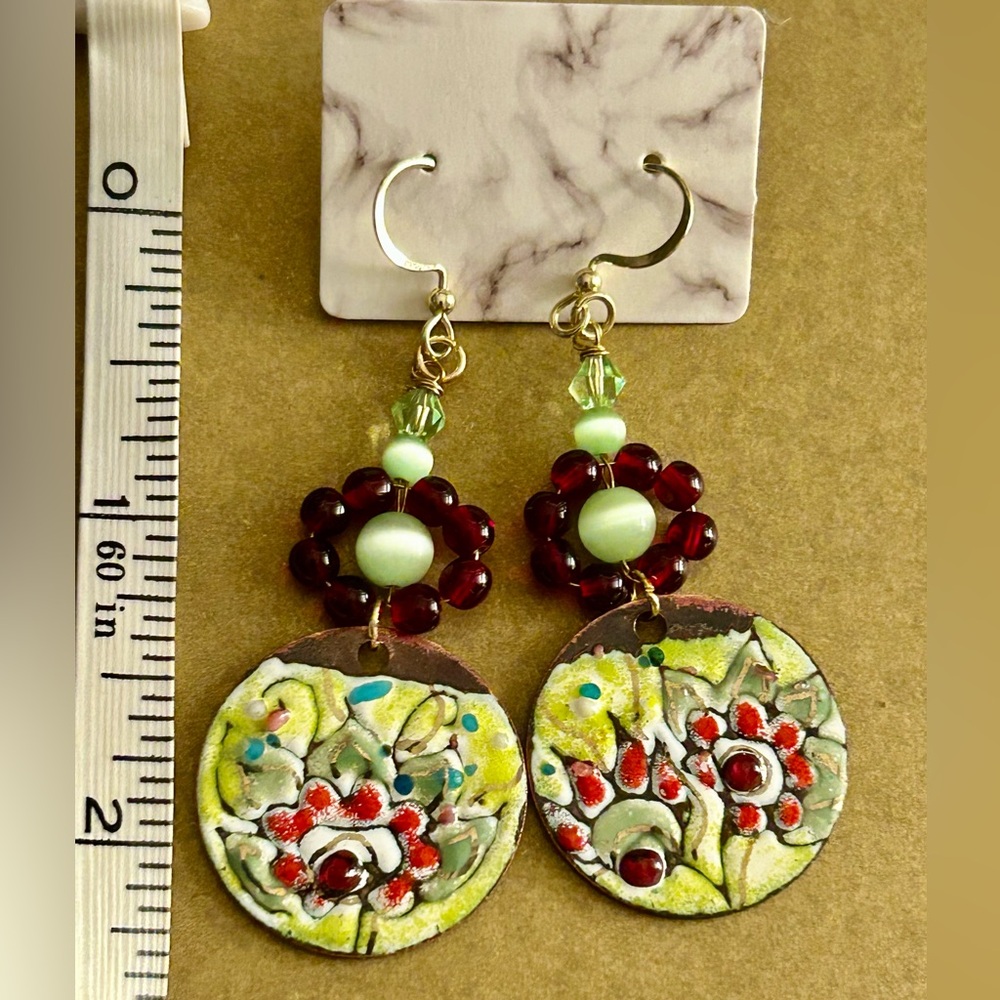 Earrings NWOT flowers Artisan green, red Copper enamel & glass beads 2.5” drop - Picture 7 of 12